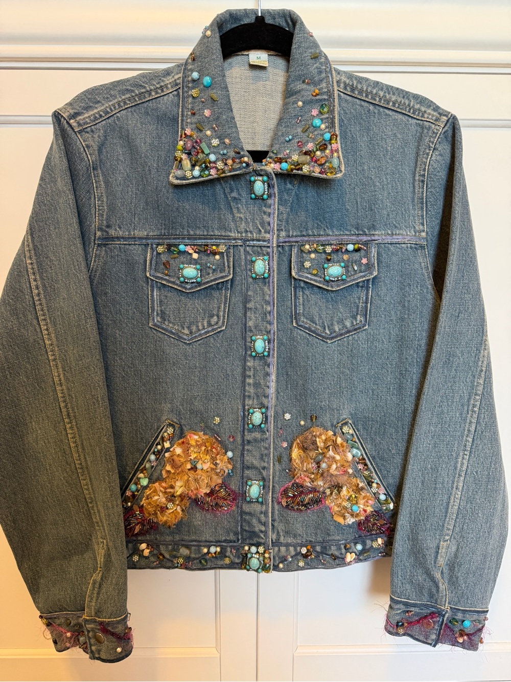 Mary Frances Vintage Denim Jacket with Turquoise and Multicolor Embellishments
